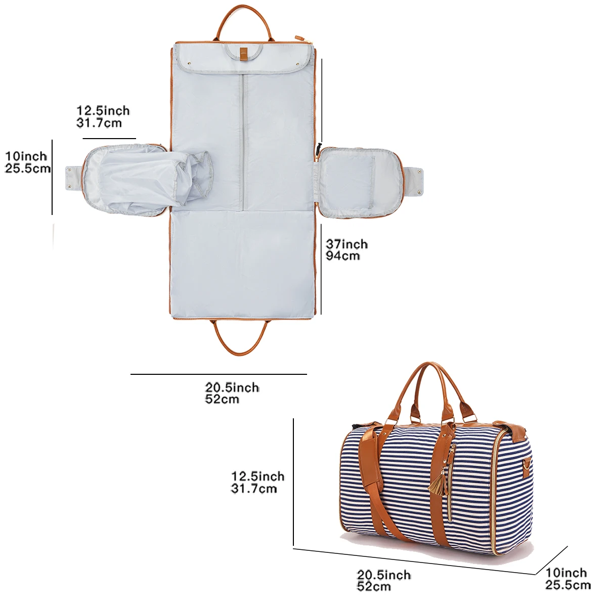 Borsa da viaggio multifunzionale pieghevole ed espandibile a righe in tessuto tinta unita