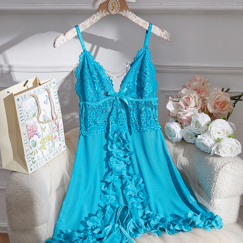 Sexy Babydolls For Women Blue Lace Deep V Sling Backless Women Perspective Pajamas Dress Set
