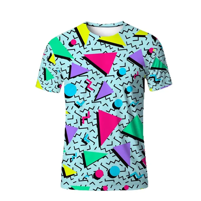 Men Retro Triangle T Shirt 80s Geometric Pattern Short Sleeve Vintage Casual Tee