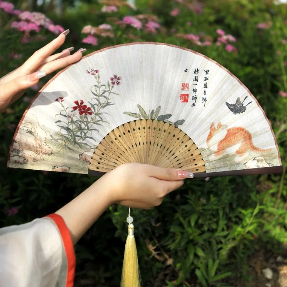 Bamboo Skeleton Hand Chinese Style Folding Fan Ancient Style Traditional Craft Hand Fan Elegant with Tassel Hanfu Dance Fan
