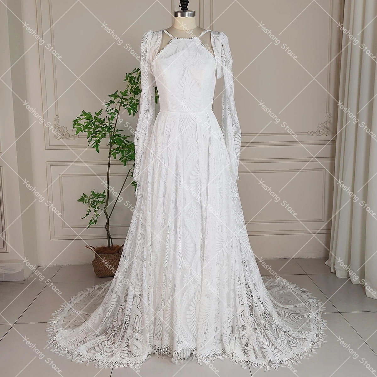 Halter Lace Boho Wedding Dress Separate Bolero with Long Bell Split Sleeves Backless Halter Real Picture Customized Bridal Gown