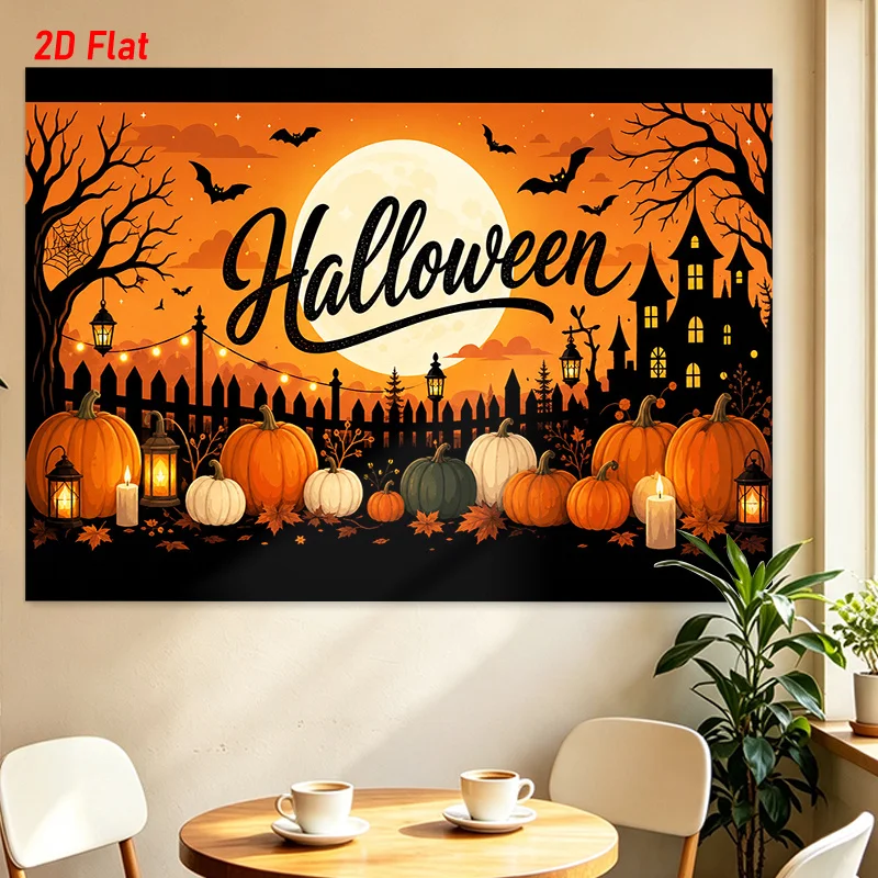 Autumn Halloween Pumpkin Castle Tapestry Full Moon Bat Spider Web Lantern Candle Ghost House Tapestry Halloween Party
