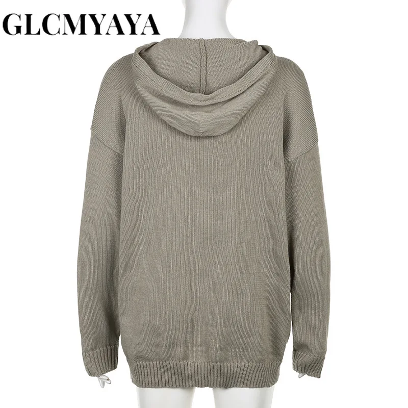 GLCMYAYA Women American Retro LOOSE Letter Pockets Hooded Sweatshirts 2023 INS Streetwear Fashion Basics Long Sleeve Hoodies