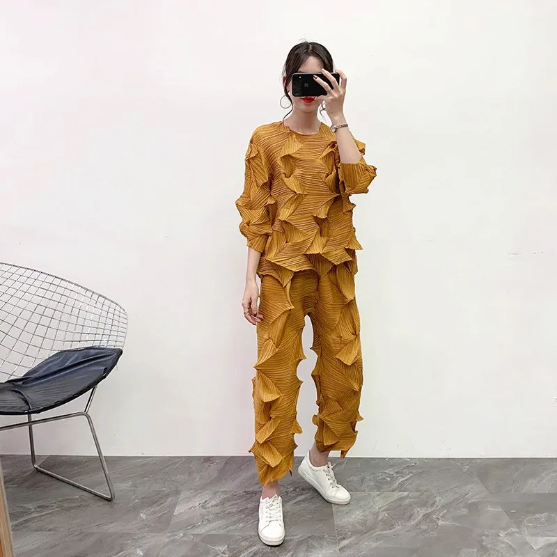 

Diamond Pleat Slimming Straight Leg Pants And T-irt Two-Piece Set for Women Spring Summer Faion Loose Fit plus Size