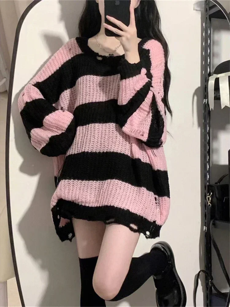 Deeptown-Women's Pink Striped Sweaters, Harajuku Vintage Black Knitted Jumper, Grunge Sexy Hole Hollow Out Loose All-match Tops,