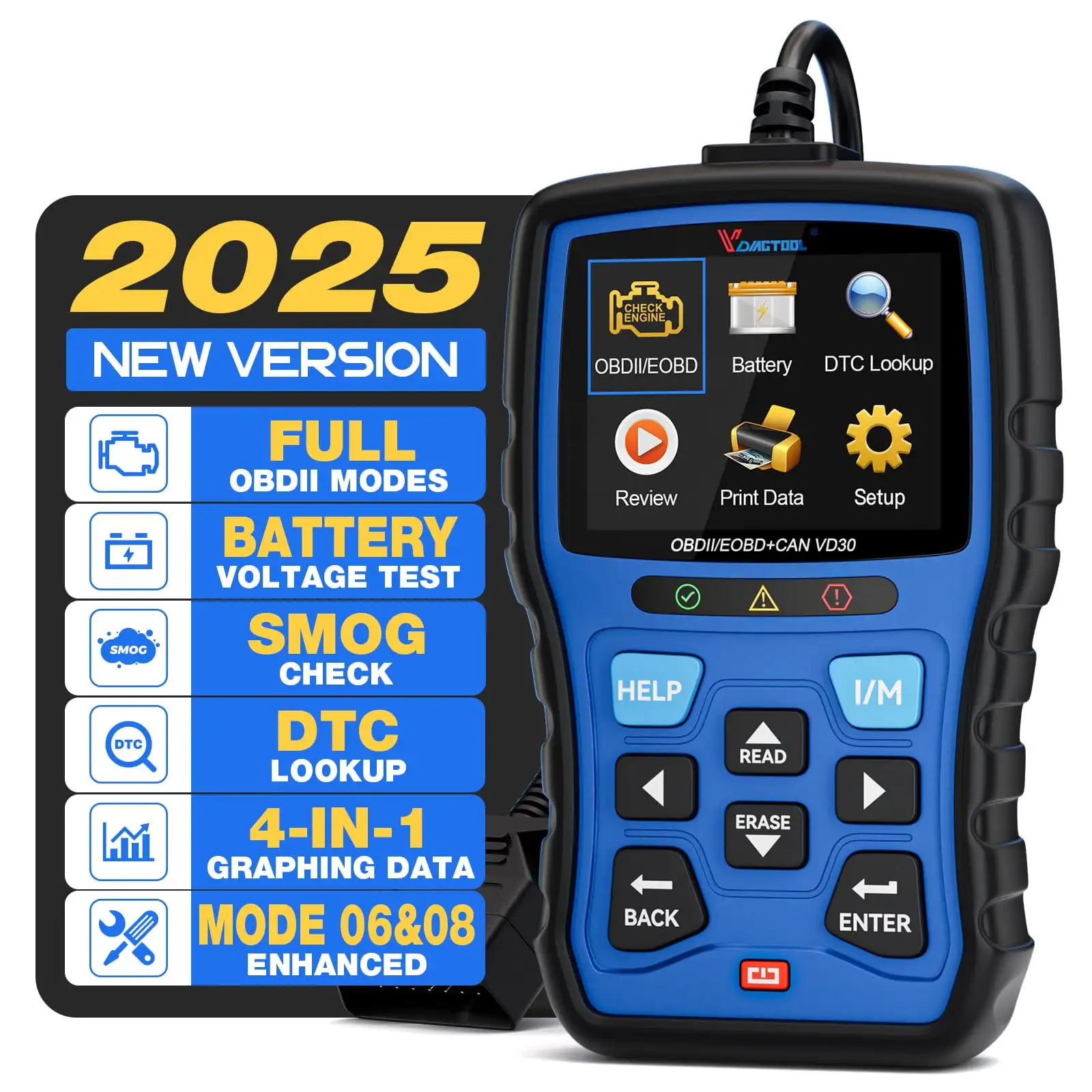 

Сканер OBD2, VD30 10-режимный считыватель кодов неисправностей двигателя, диагностический инструмент сканирования, синий