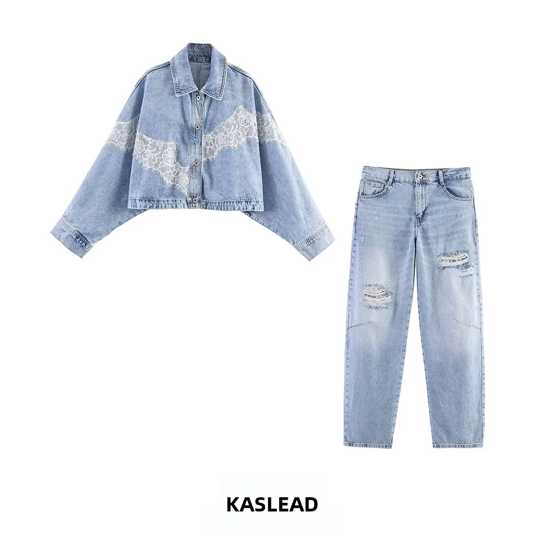 KASLEAD New Women's Fashion Set Short Lace Jacket Coat Long Pants Spring 2026 Long Sleeve Short Length Jacket Outerwear