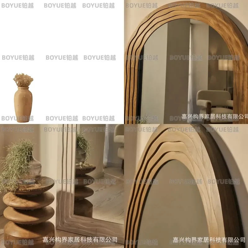 French Retro Arched Floor Mirror Wood Grain Full Length Standing Mirror for Bedroom Entryway Medieval Wabi Sabi Home Decor