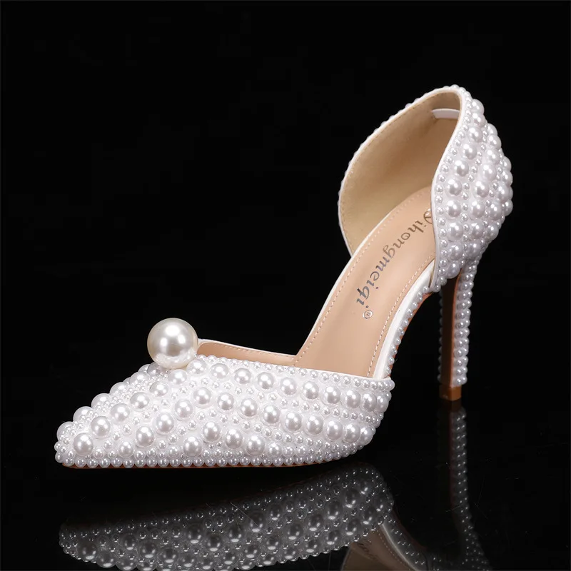 Summer 2024 new set of shallow cut high heels for women\'s pointed high heels thin heels pearl luxury wedding shoes