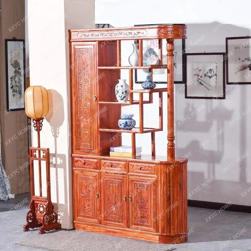 

New Chinese-style solid wood porch cabinet screen antique double-sided engraving enters the door shoe cabinet living room