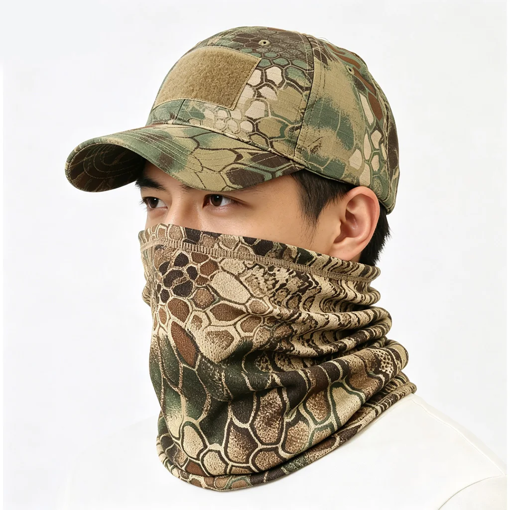 Neck Gaiter Face Mask Cap 2Pcs Set，Breathable Face Cover Tube Scarf， Hook Loop Patch Hat， Wind Dust Proof