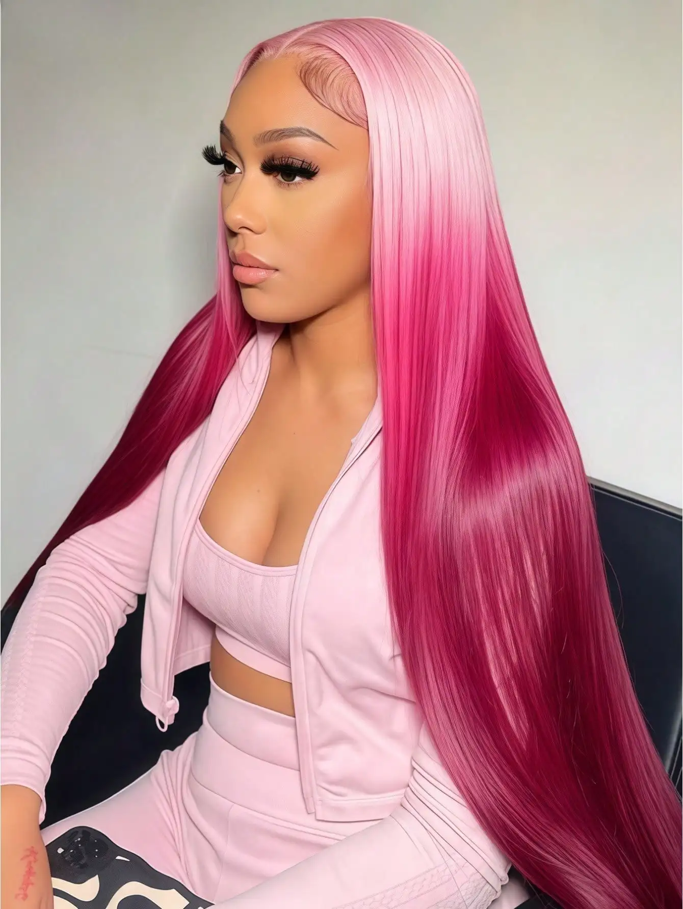 Gradient Pink Straight Lace Front Wig Human Hair 13x4 Transparent Lace Front Wig 180 Density Pre Plucked Glueless Wigs for Women image 5