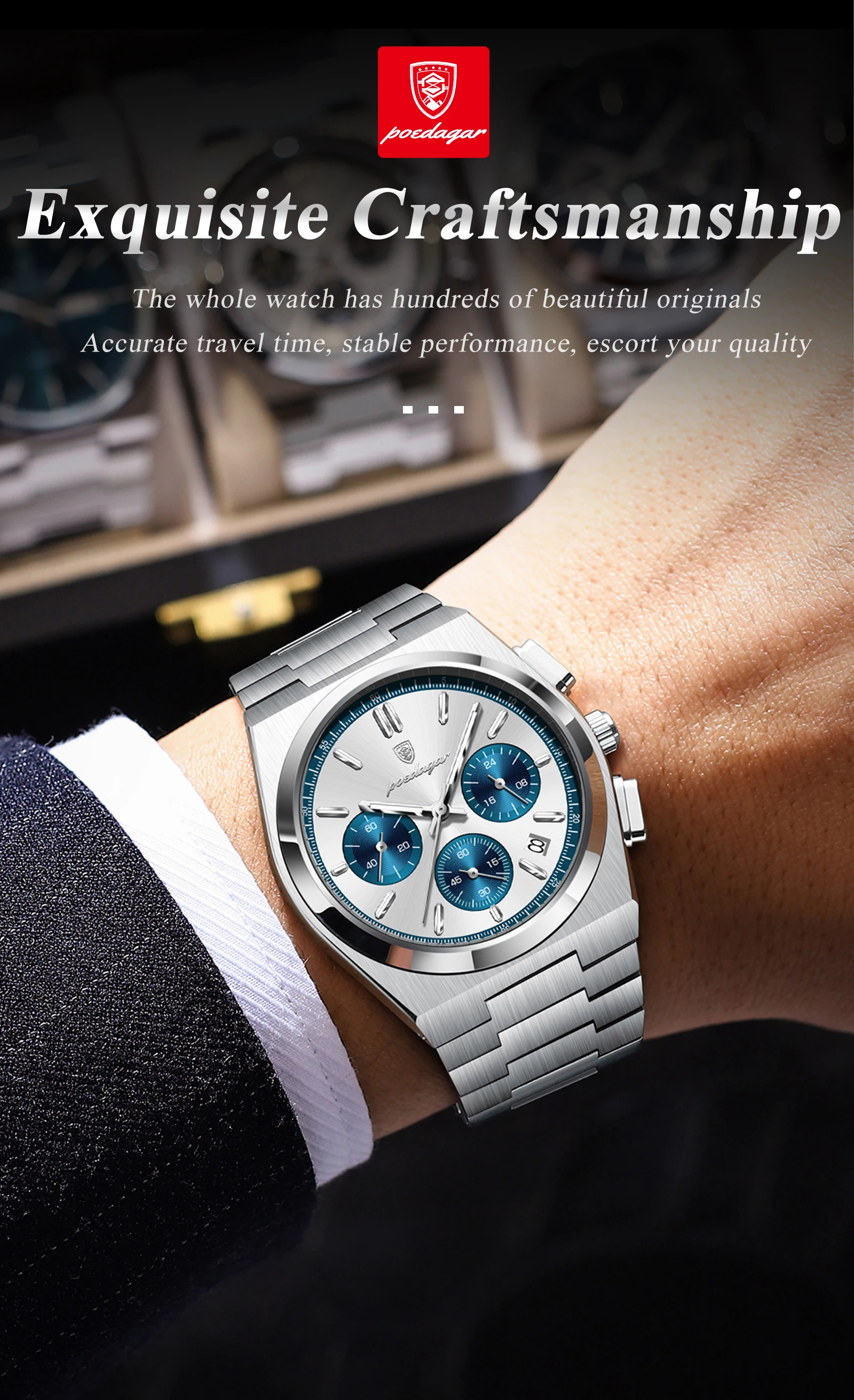 POEDAGAR Top Mode Mann Armbanduhr Chronograph Datum Edelstahl Business Männer Uhr Wasserdicht Leucht männer Quarz Uhren – Detail 6