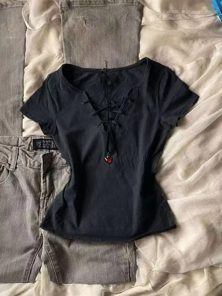 

Женские футболки в стиле гранж, хлопок, лето 2029, базовый укороченный топ, винтажные тонкие повседневные черные футболки в стиле Харадзюку, одежда Y2k