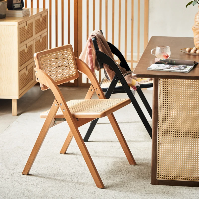 Vintage Rattan Folding Dining Chair Handmade Woven Cane Seat Solid Wood Frame Portable Design For Living Room Furniture