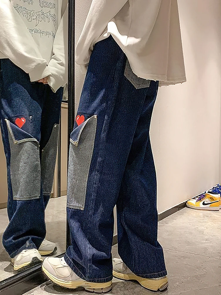 Harajuku Wide Leg Baggy Cargo Jeans Pants Men Heart Oversize Straight Casual Denim Long Trousers Streetwear Vintage Y2k Hip Hop