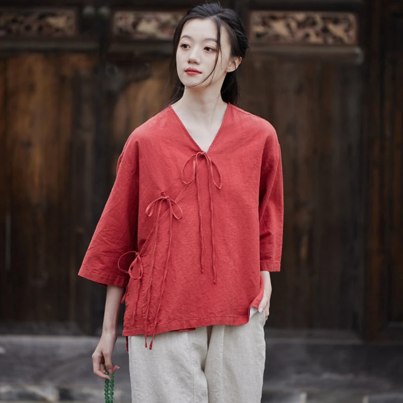 女性用リネンとコットンのカジュアルシャツ,Vネック,無地,ルーズフィット,中国製,新品,夏,2019, m601