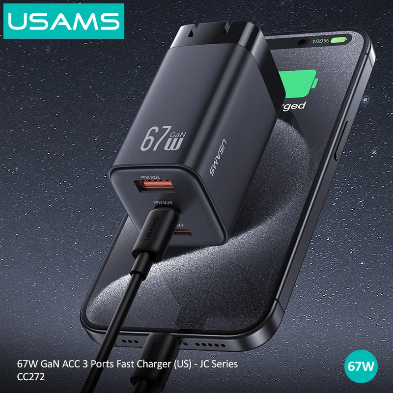 USAMS 67 Вт GaN 3-портовое быстрое зарядное устройство Dual USB-C + USB-A с вилками США/ЕС для телефона, ноутбука, планшета, путешествий