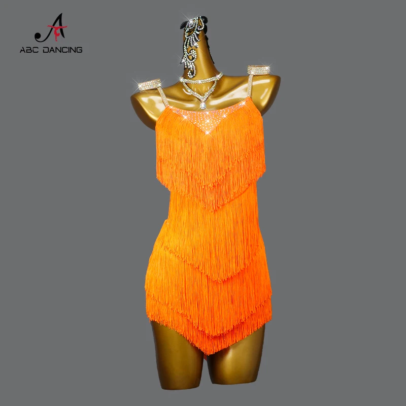 

2024 New Orange Latin Dance Fringe Dress Sexy Female Party Performance Costume Sports Competition Skirt Wear Ballroom Customized