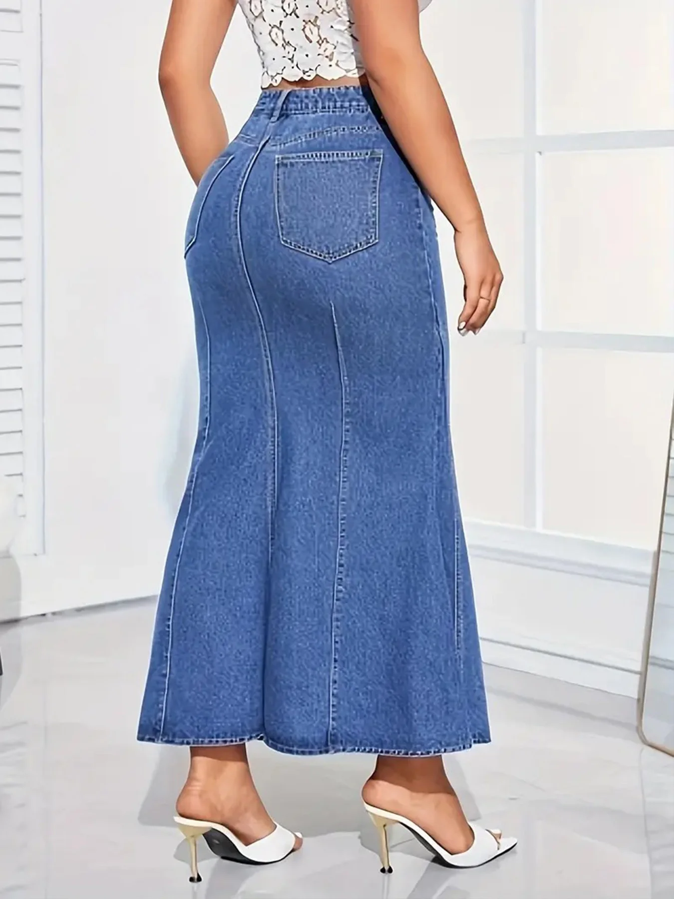 Ladies Retro Fashion Denim Fishtail Skirt, Slim Fit, Mid-Waist, Elastic, Stylish Denim Half Skirt - Image 2