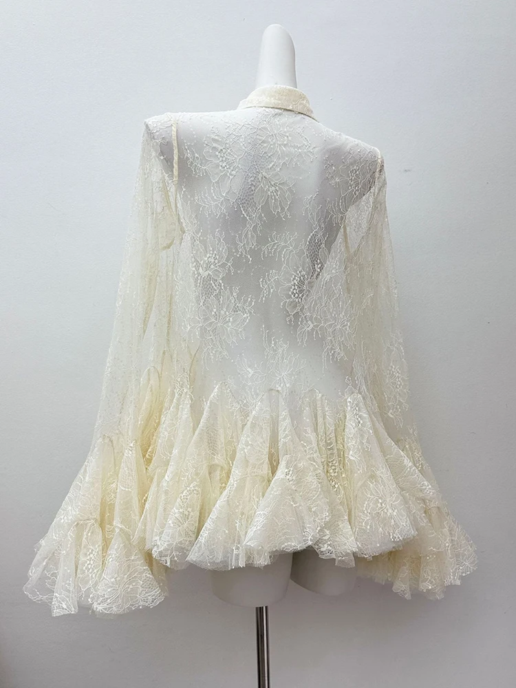 Sexy doorzichtige kant patchwork lovertjes uitlopende mouwen shirt 2025, herfst damesmode meerlaagse gegolfde losse jurk