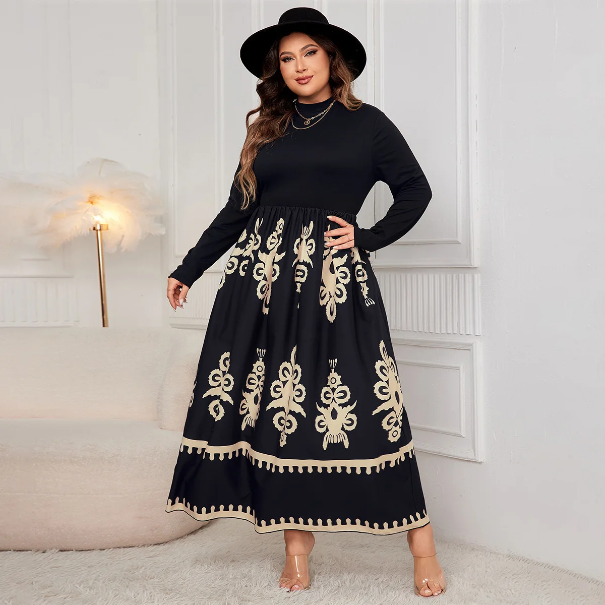 

High waist dress printed long dress plus size loose long sleeve dress vestidos elegantes para mujer