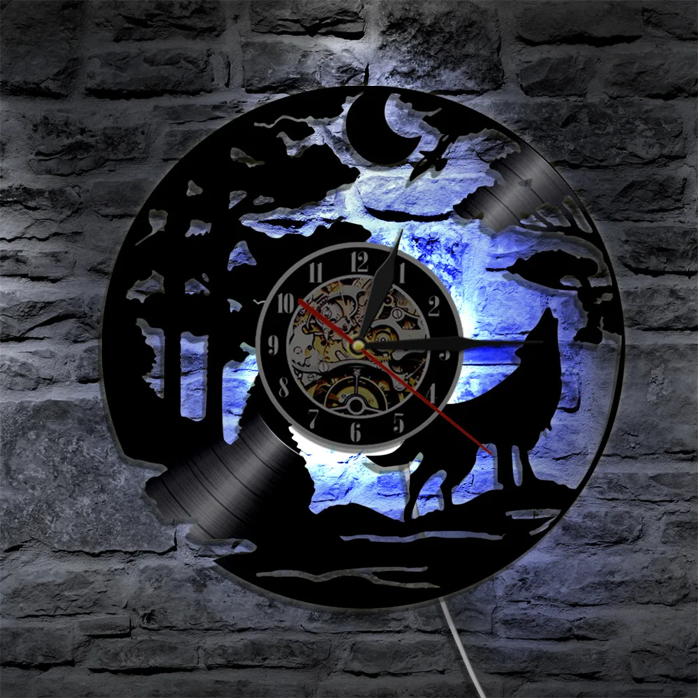 Luminous Cool Led Wolf Vinyl Record Wall Clock with Remote Control LED Light Drop Shipping Wall Decor Decoration For Rooms