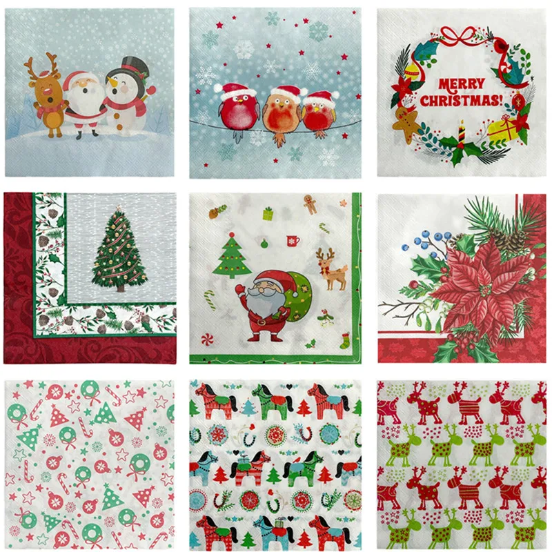 20Pcs/bag Christmas Napkins Paper Santa Claus Snowmans Merry  Decorations Home Disposable Tablewares Supplies New Year Wholesale