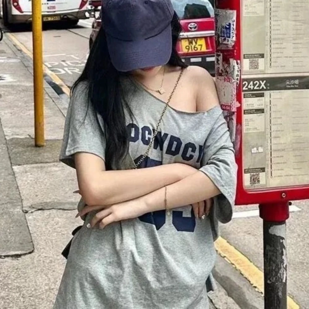 Gothic Tee Y2k Brief Print Off Schouder Punk T-shirts Vrouwen Harajuku Zomer Streetwear Grunge T-shirt Esthetische Sexy Crop Tops
