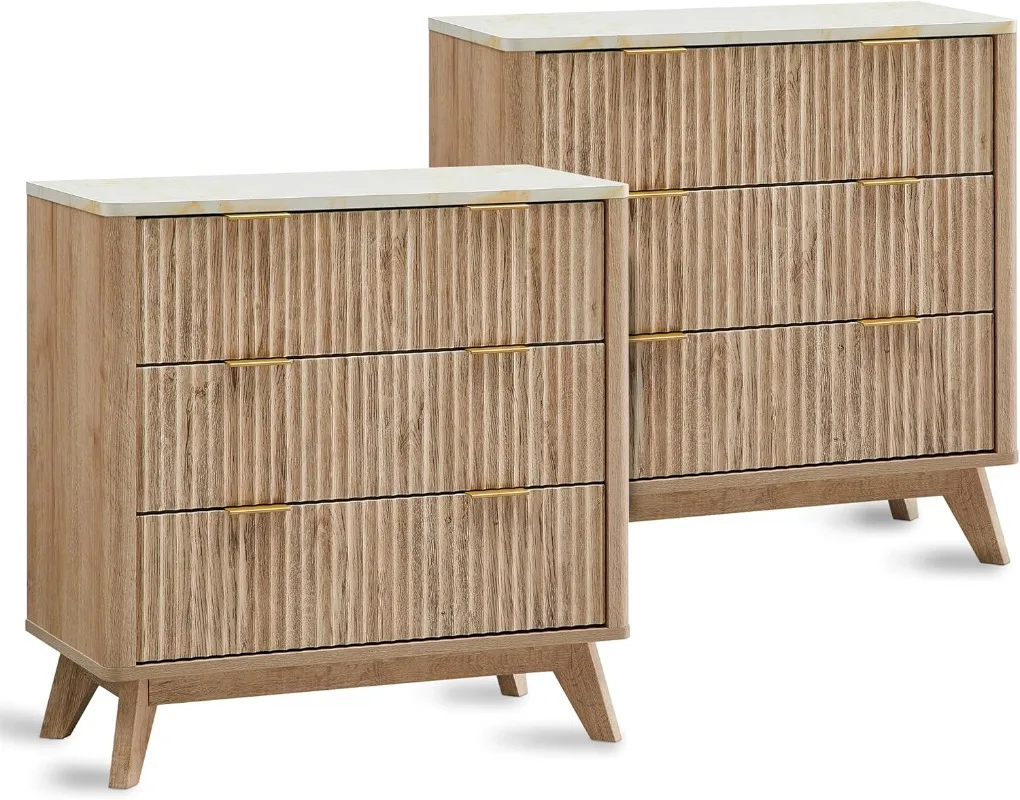 T4TREAM Fluted 3 Drawers Nightstand Set of Oversized Extra Large Modern Side Table with Faux Marble Top, End Table Bedside for