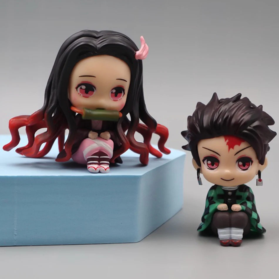 2個アニメ悪魔特効フィギュアおもちゃ座位かわいいtanjirou nezukoアクション人形pvcモデル6センチメートル自動車の装飾のギフト