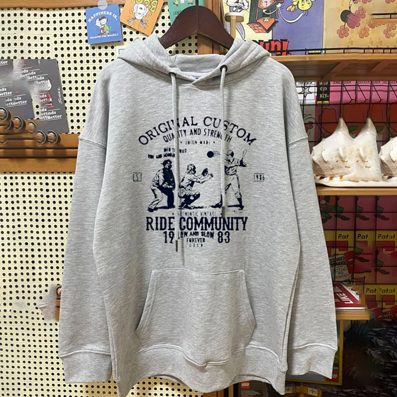 

American College Style Women's Hooded Sweatshirt Winter Warm Fashion Cartoon Print Sweatshirt Casual Retro Oversize Clothing