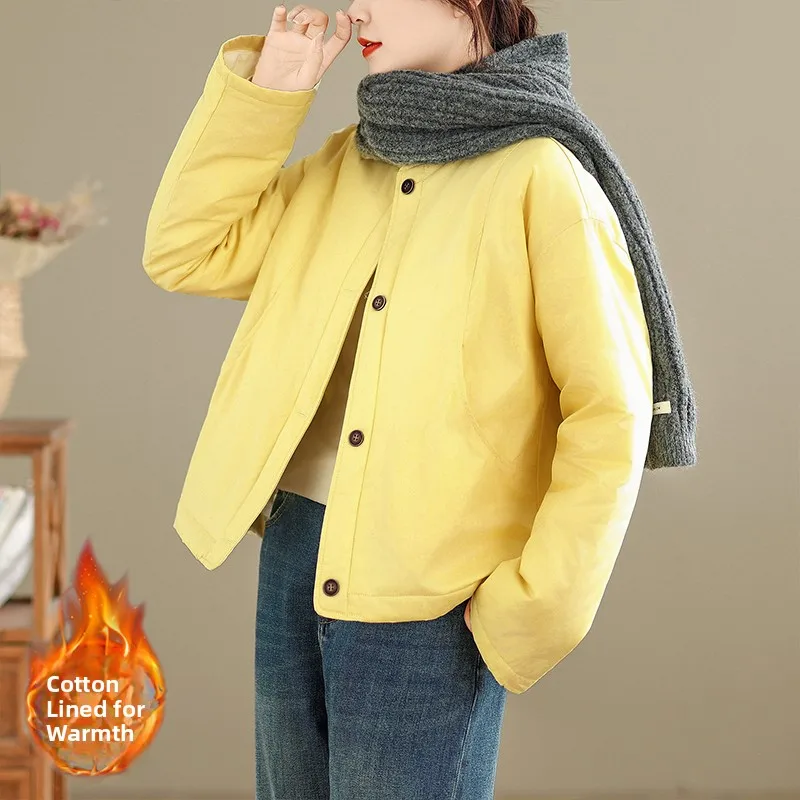 

Thiened Cotton Jaet Dstring round Ne Winter Coat Women's Retro Sle Full Cotton Inner Warm Fluffy Cotton Clothes