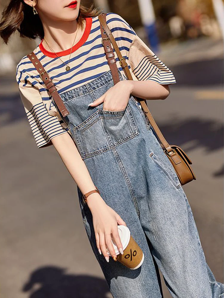 

Джинсовые комбинезоны в стиле ретро, летние модные корейские утягивающие широкие брюки с девятью точками, тонкие джинсы с высокой талией