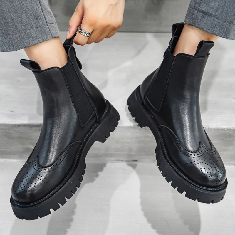 men fashion chelsea boots brand designer carved brogue shoes cowboy original leather boot handsome platform short botas hombre