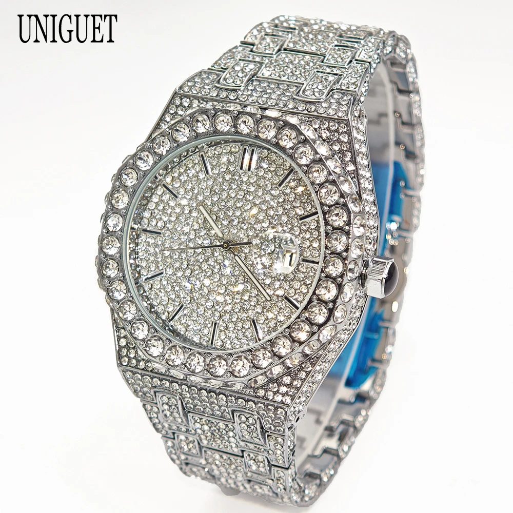 Reloj de lujo a la moda con diamantes helados para hombre, marca superior UNIGUET Hip Hop Bling, reloj de fecha resistente al agua para accesorios elegantes, nuevo de 2025