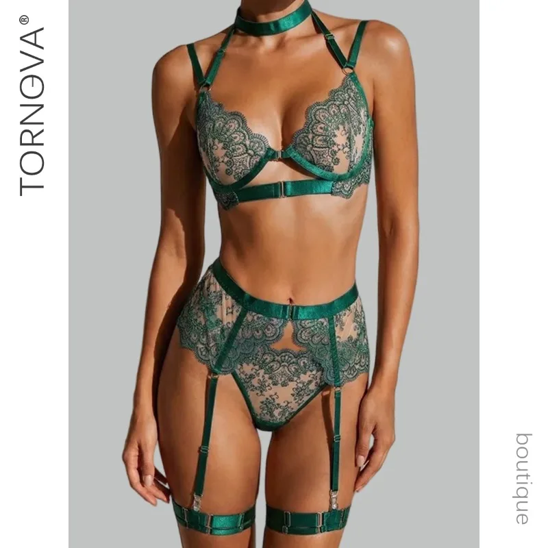 

Tornova Erotic Lingerie Heavy Industry Embroidery Floral Metal Buckle Gathertogether Sexy See-through Hollow Women Underwear Set