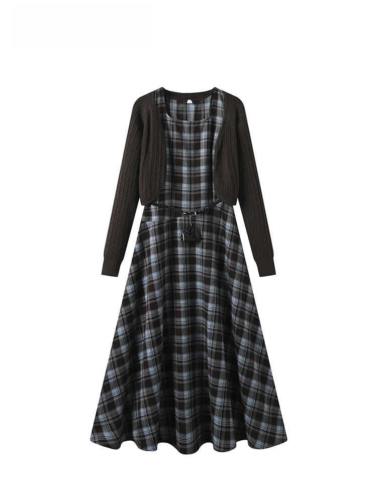 

CaraCLUB Retro plus Size Dr Set Women's Early Spring Plaid Skirt Jaet Ensemble High Waist Polyester Long Dr