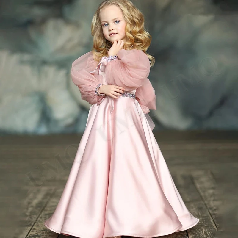 Baby Erste Kommunion Schöne Rosa Satin Blume Mädchen Kleid Geburtstag Hochzeit Party Kleider Kostüme Drop Verschiffen