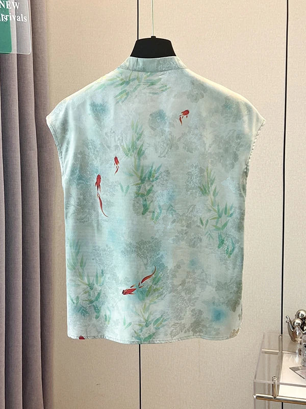 

Китайский топ без рукавов с принтом карпа Асимметричный дизайн для поездок на работу Sle irt Прямой крой Корейская версия Обычный толстый...