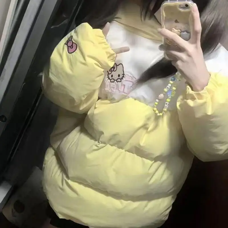 Cappotto in cotone con giunture ricamate Kitty Cat Ragazza Kawaii Cuore Dolce e carino Autunno e inverno Nuova giacca calda allentata creativa