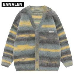 Harajuku Black Color Striped Knitted Cardigan Men's Vintage Korean Style Oversized Designer Tie Dye Grandpa Sweater Women's Y2K