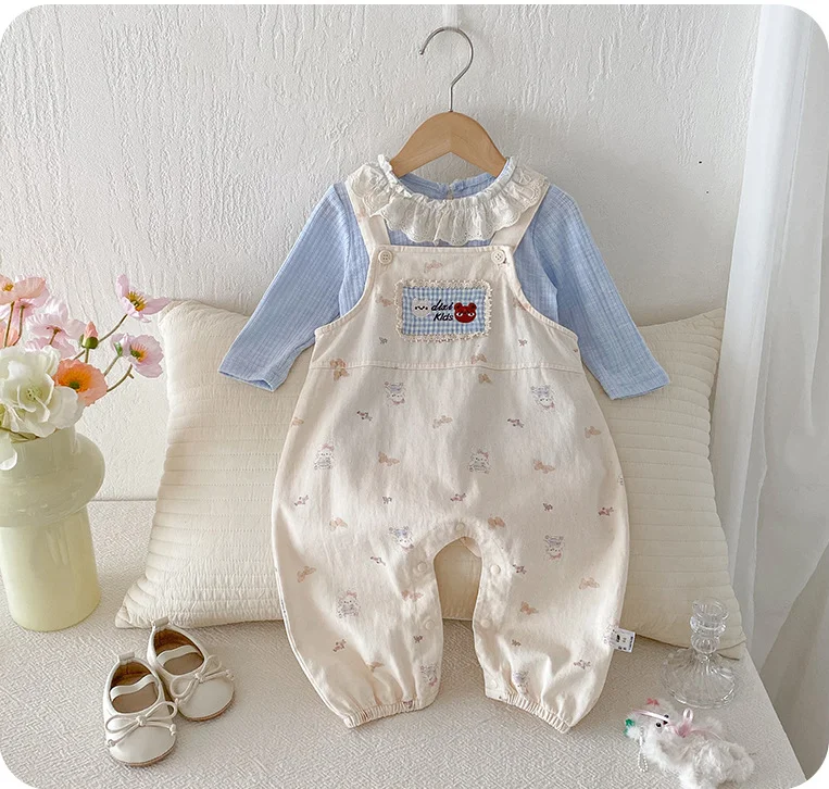 

New Baby Girls Sping & Fall Long Sleeve Sets, Blue Blouse + Cartoon Suspend Pants Princess Fashion Suits 0-2T