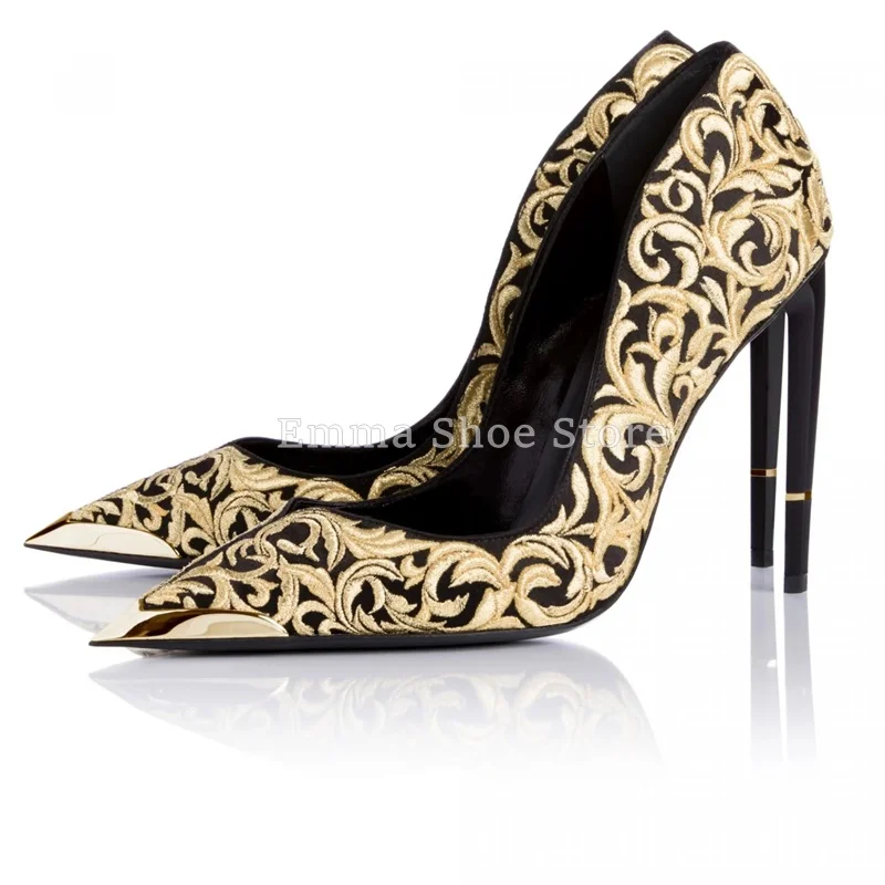 2024 römische Stickerei spitze Zehen Stiletto High Heel Damen Pumps Gold Designer vielseitige Abendschuhe Bankett Hochzeitsschuhe