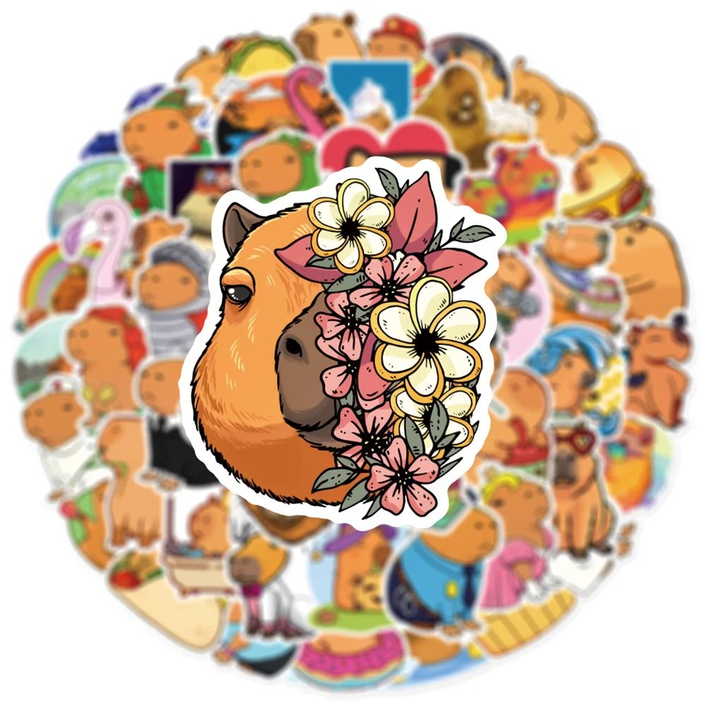 55pcs Cute Capybara Stickers Pack Laptop Phone Case Guitar Scrapbook DIY Cartoon Animal Sticker Handmade Journal Accessories