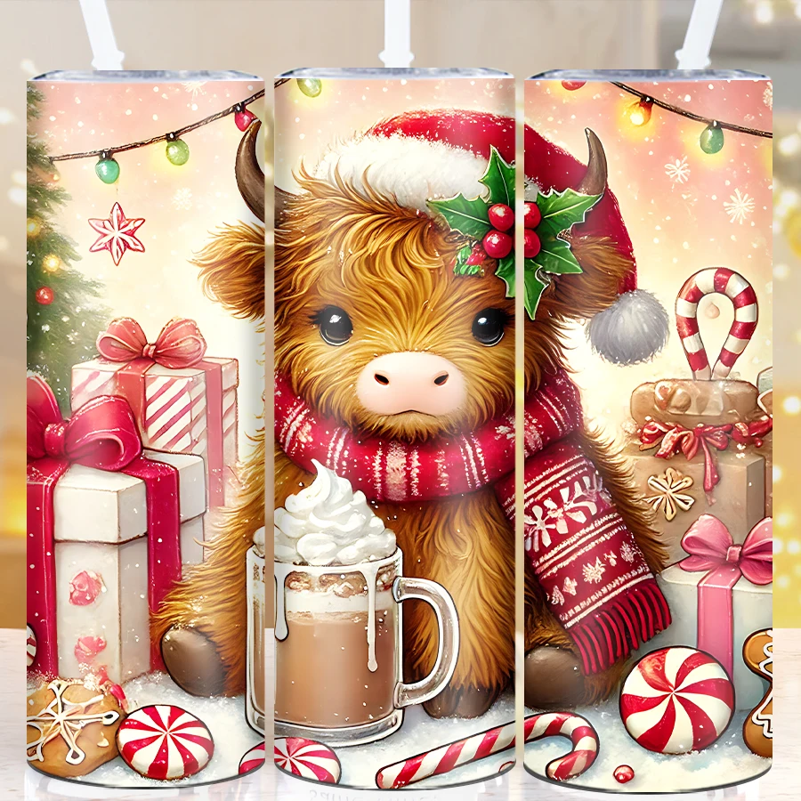 20oz Party Coffee Bottle Straw Lid 3D Print Highland Cow Party Cups 1Pc Skinny Hot Cold Straight Drink Mug Festive Decoration