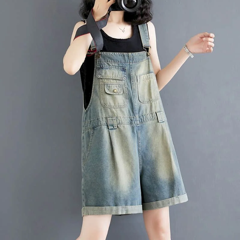 Denim Jumpsuits for Women Vintage Korean Style One Piece Outfit Casual Cropped Rompers Solid Short Jeans Summer Women Clothing