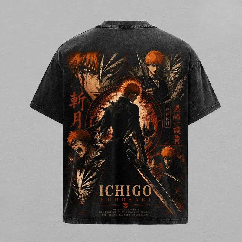 Hot Anime BLEACH Kurosaki Ichigo Clothing Men Women Short Sleeve Tshirts Washed Cotton Tee Retro T-shirt Harajuku Loose T Shirt