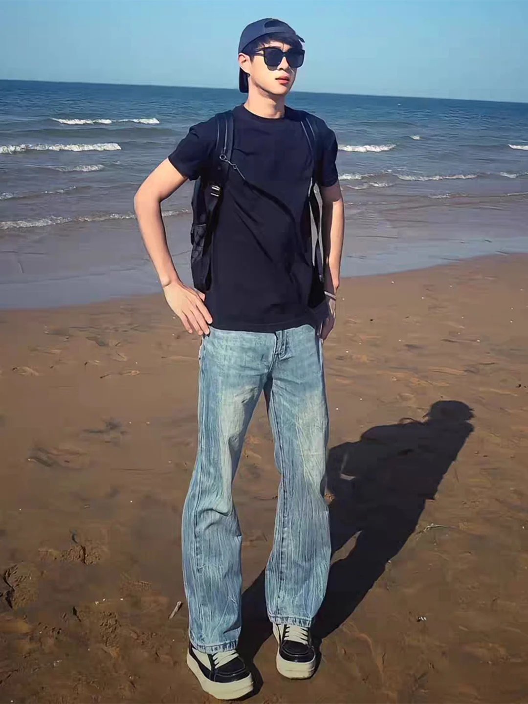 

Blue Lightning Pattern Flared Jeans Men's High Street Spring Straight Tube Knife Pants Premium Feel Casual Wear