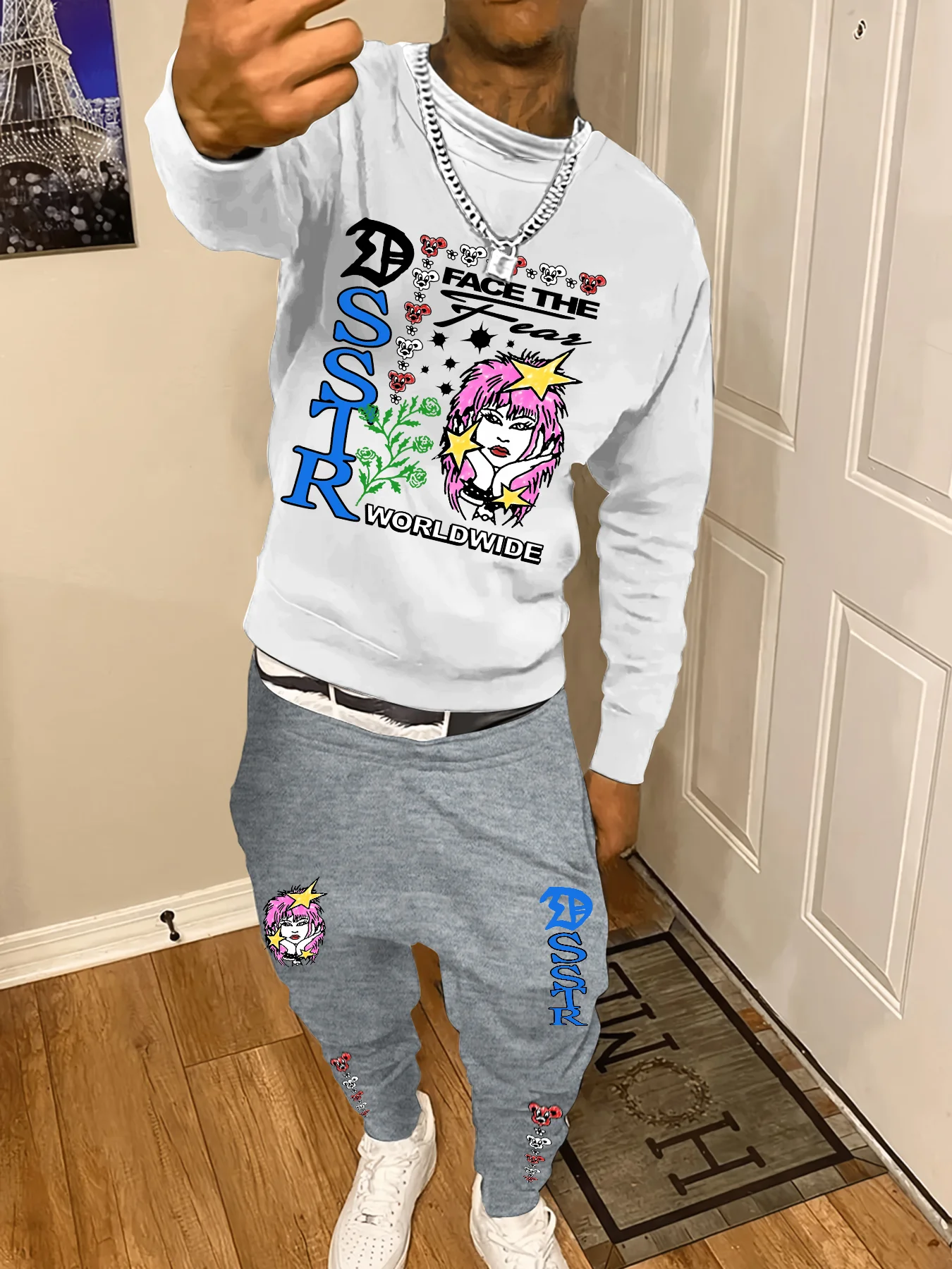 

Men's Sweatshirt Suits Trendy Figures, Stars, "FACE THE Fear" Street Style for Daily Outings